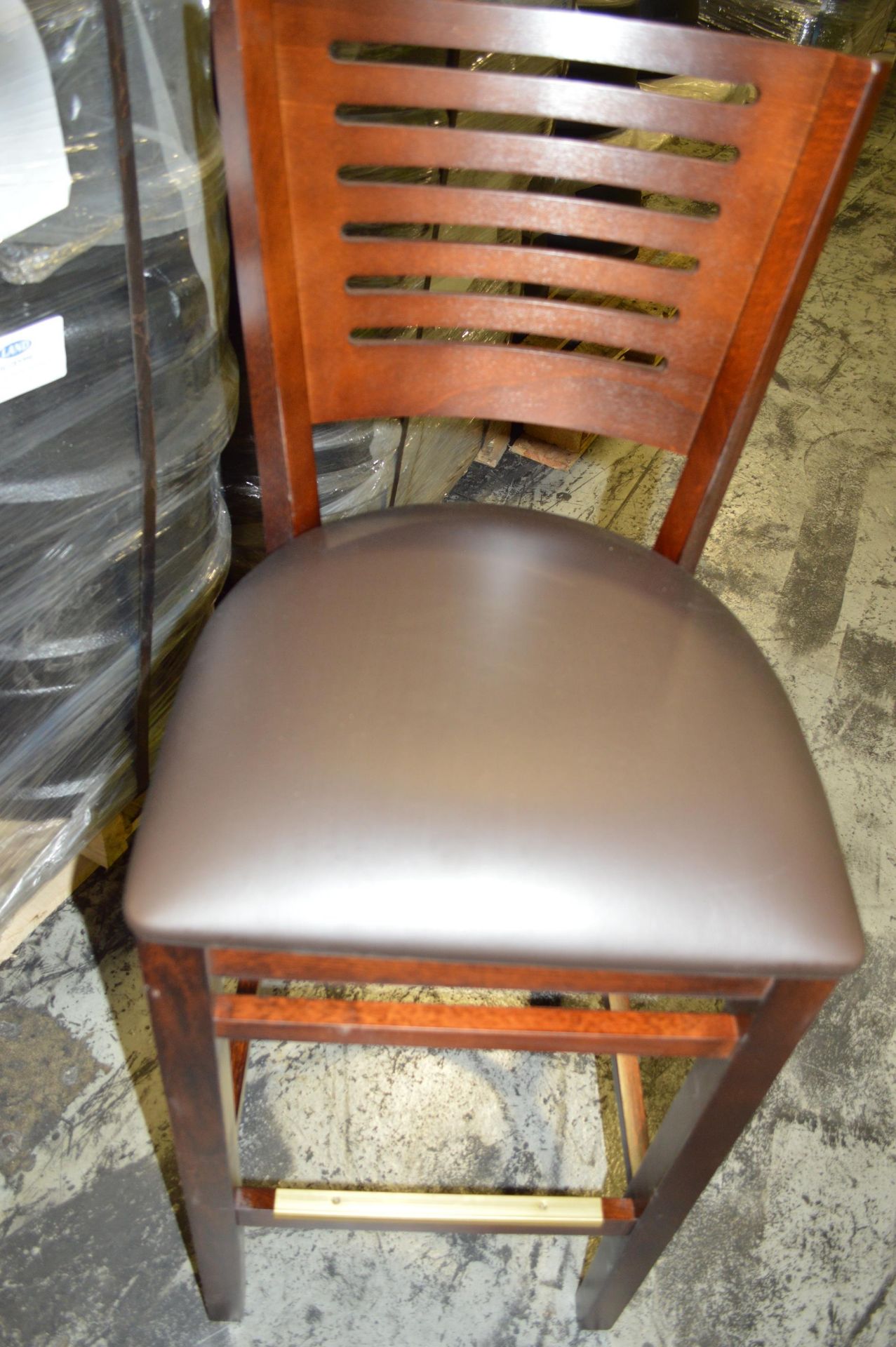 BAR STOOL -MAHOGANY WOOD FRAME- BROWN SEAT CUSHION - Image 3 of 5