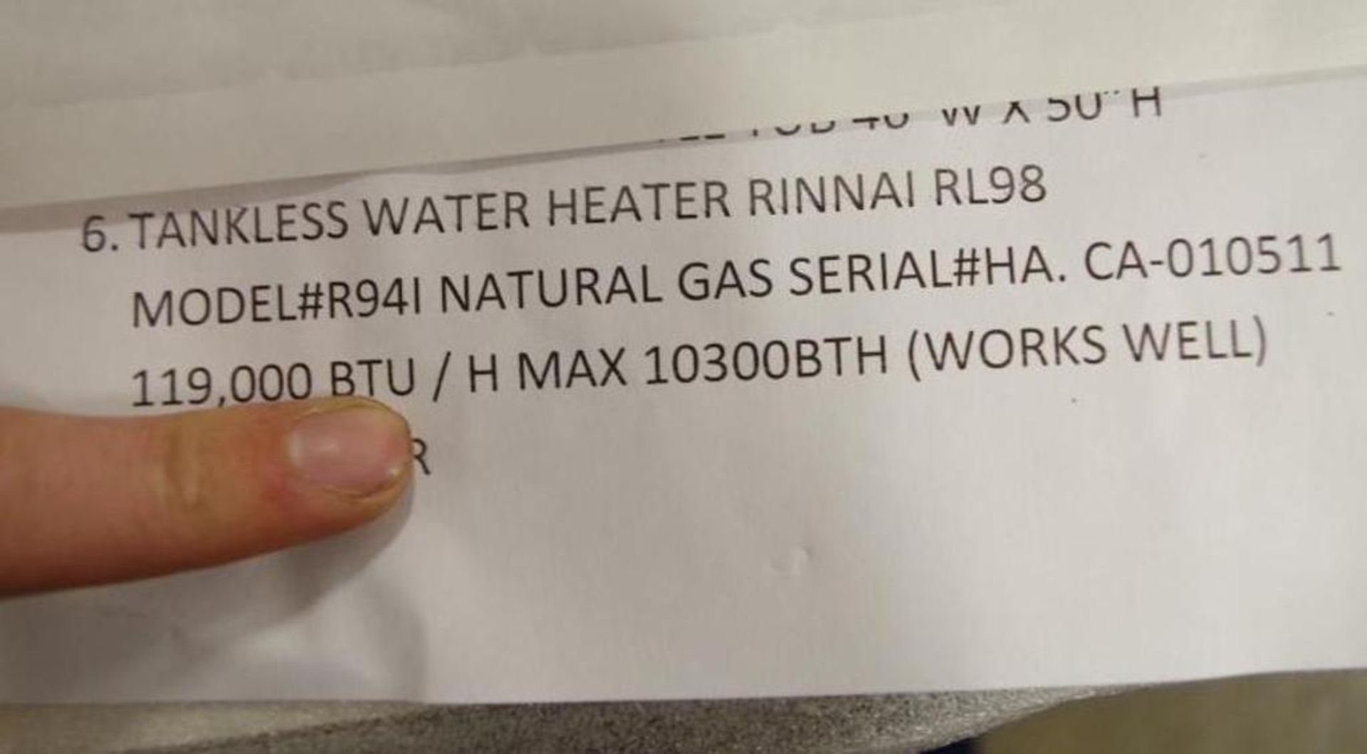 RINNAI Tankless Water Heater, 119,000 BTUs, Gas M/N R94I - Image 6 of 6