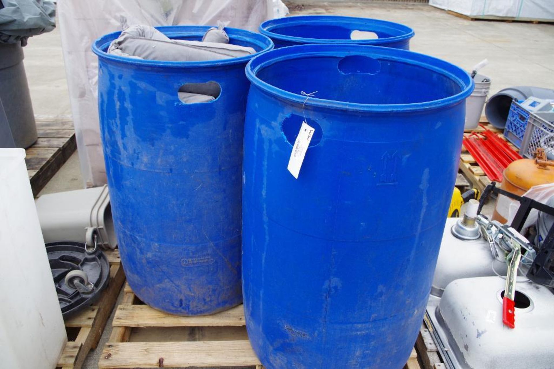 [3] Large Blue Plastic Barrels w/ [QTY] of Absorbent Socks - Image 2 of 2
