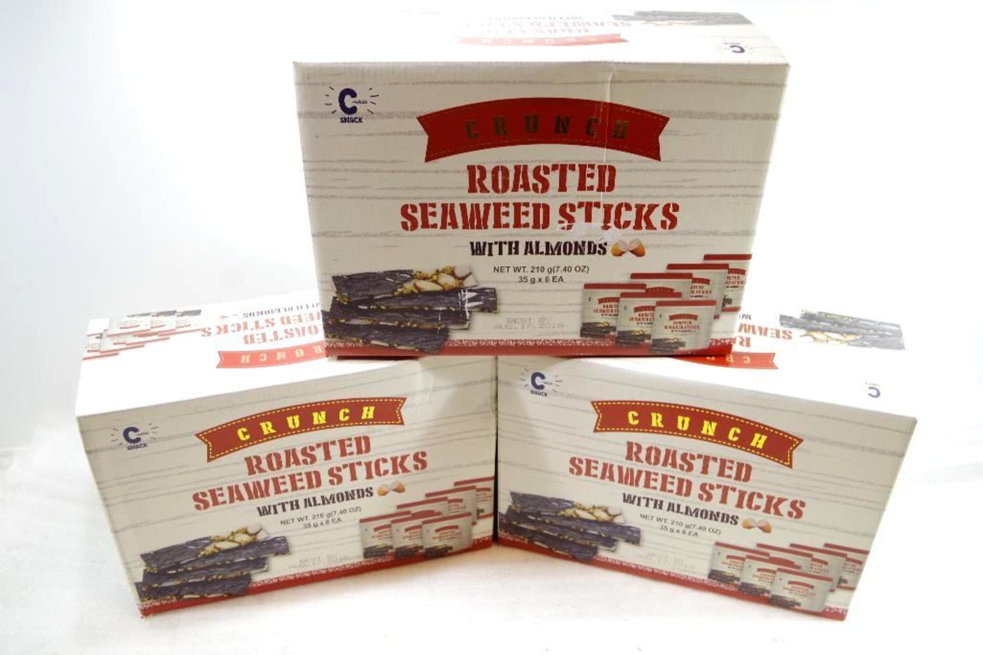 [18] NEW CRUNCH Roasted Seaweed Sticks w/ Almonds, Best by August 17, 2018 (3 Boxes of 6 each)
