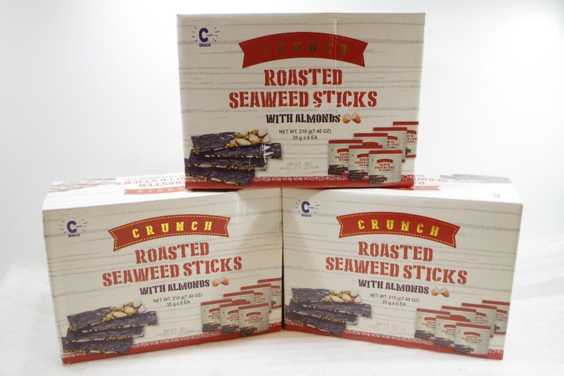 [18] NEW CRUNCH Roasted Seaweed Sticks w/ Almonds, Best by August 17, 2018 (3 Boxes of 6 each) - Image 3 of 3