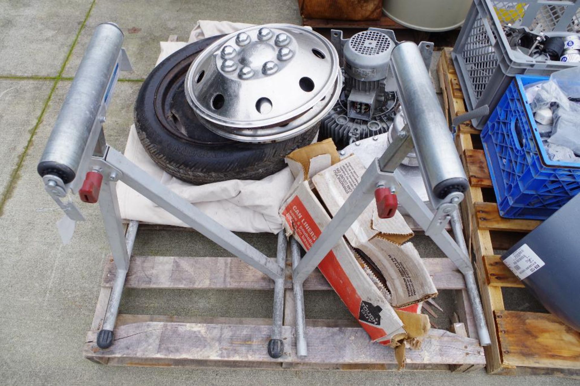 [QTY] Asst. Items, Condition Unknown: Metal Roller Stands, Spare Tire & More