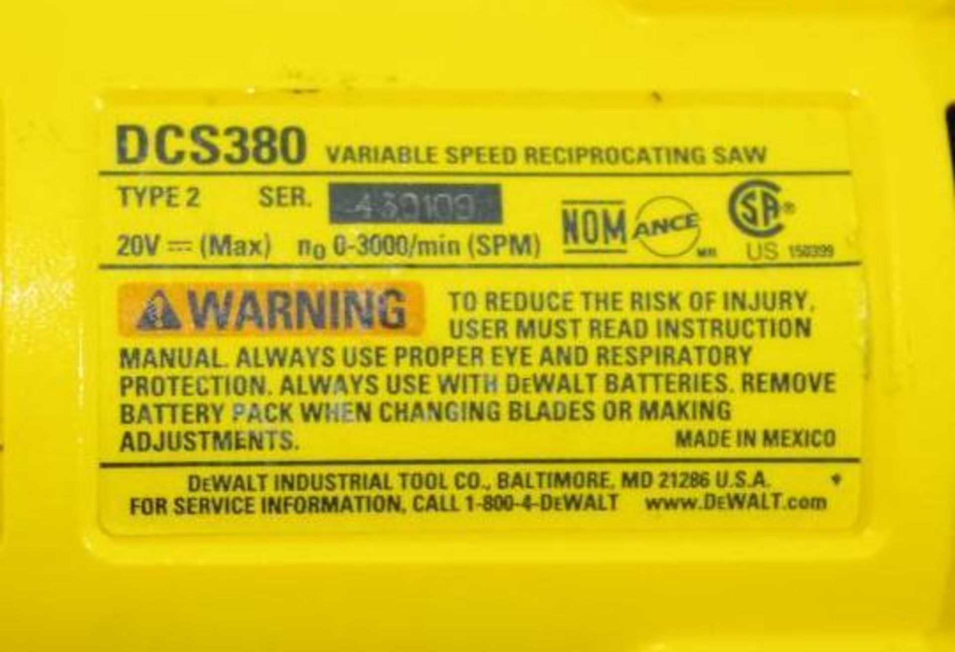 DEWALT 20V Variable Speed Reciprocating Saw M/N DCS380 w/ Battery - Image 3 of 3