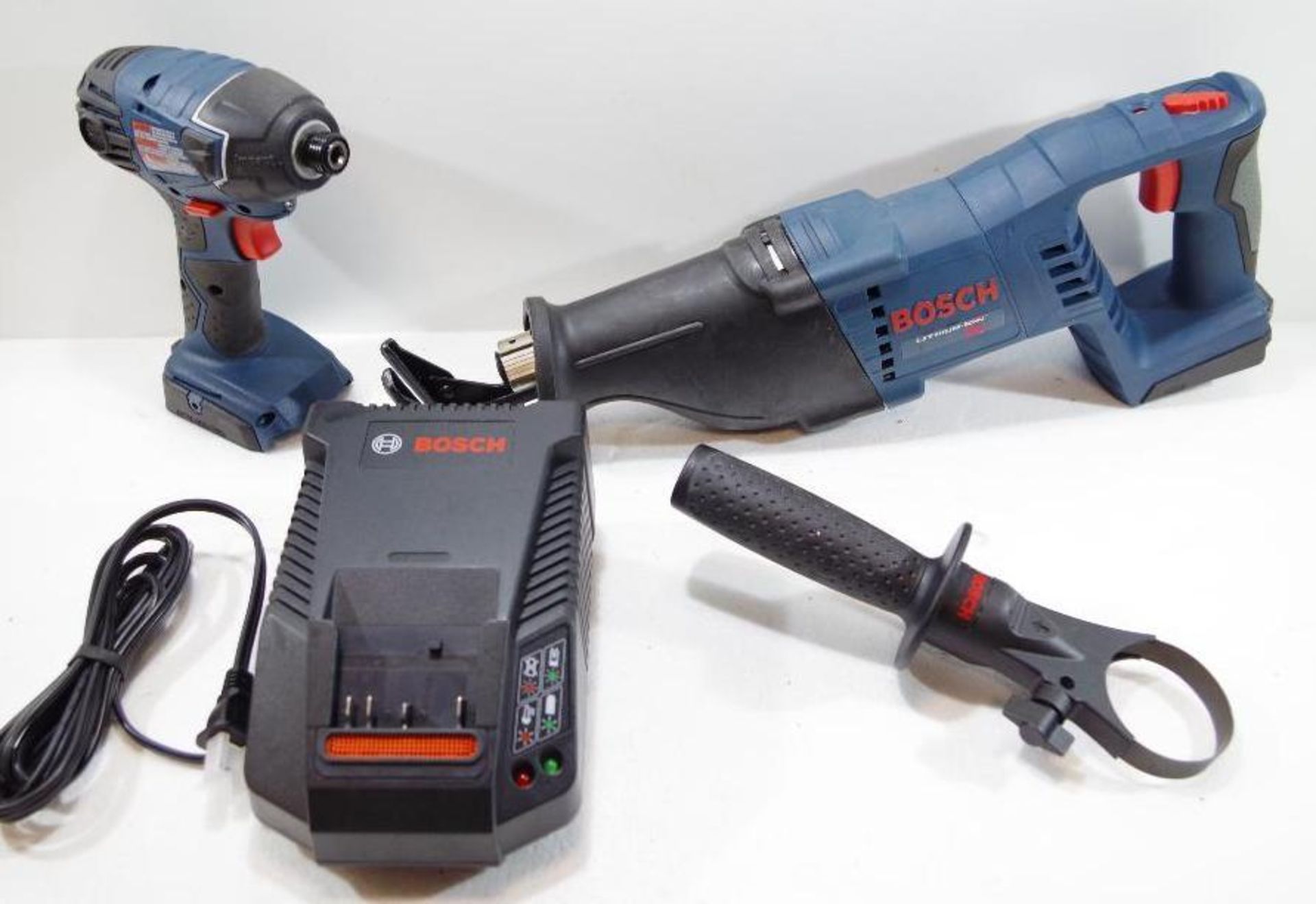 BOSCH 18V Tools: Reciprocating Saw, Impact Driver, Charger, Grip & Tool Bag