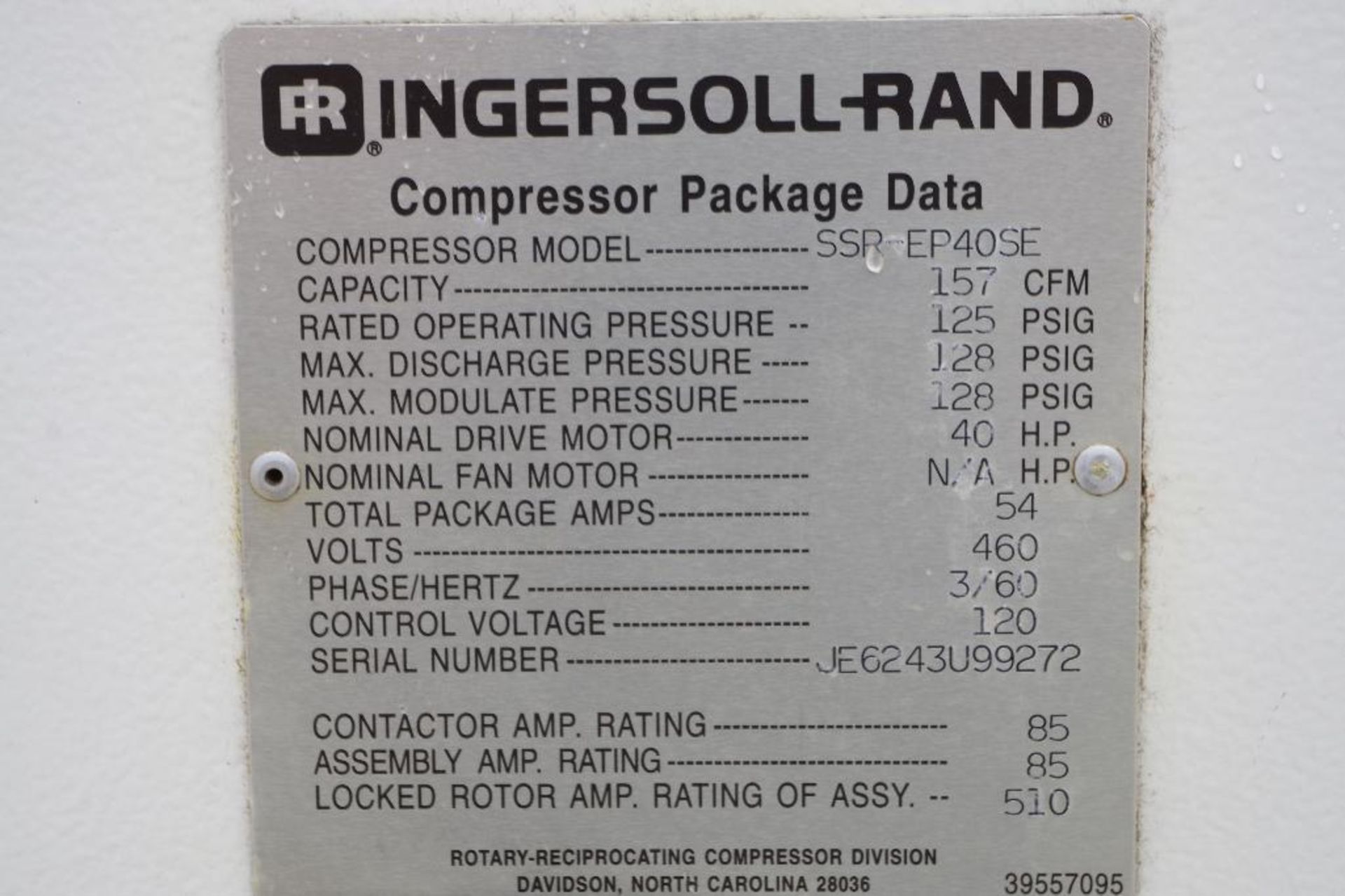 INGERSOLL-RAND 40 HP Air Compressor M/N SSR-EP40SE, Functioning at time of removal, company upgraded - Image 3 of 6