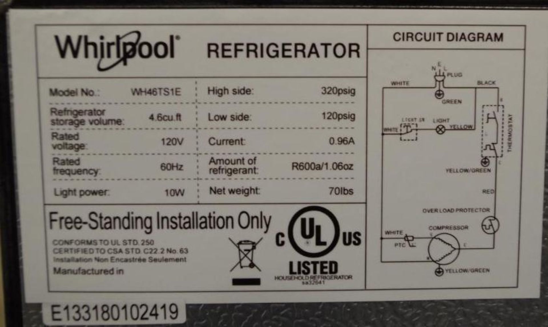 UNUSED Whirlpool® 4.6 cu. ft. Top-mount Refrigerator with Stainless Steel Look M/N WH46TS1E - Image 4 of 6