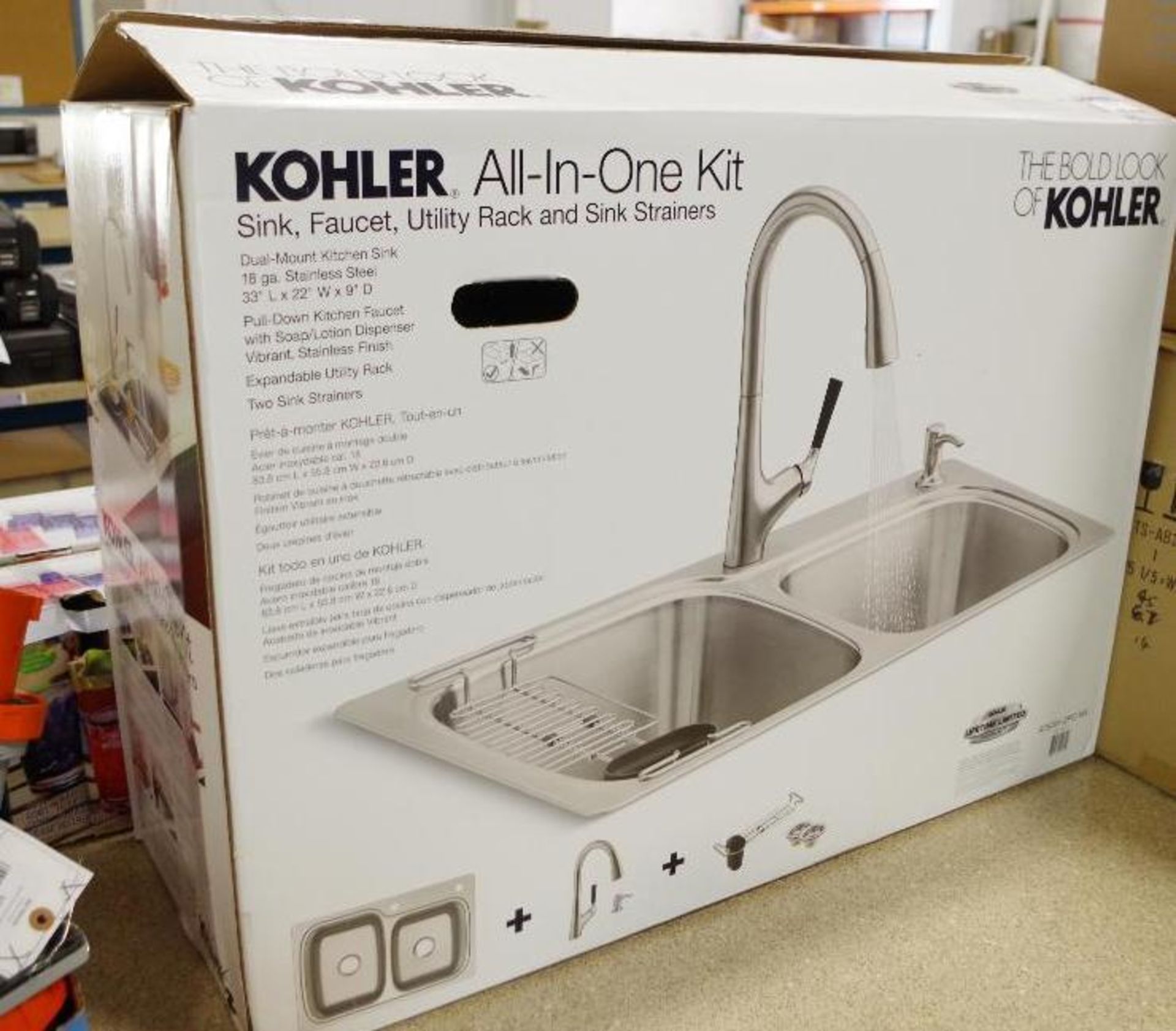 KOHLER All-In-One Kit, Stainless Steel Sink, Faucet, Utility Rack and Sink Strainers - Image 2 of 2