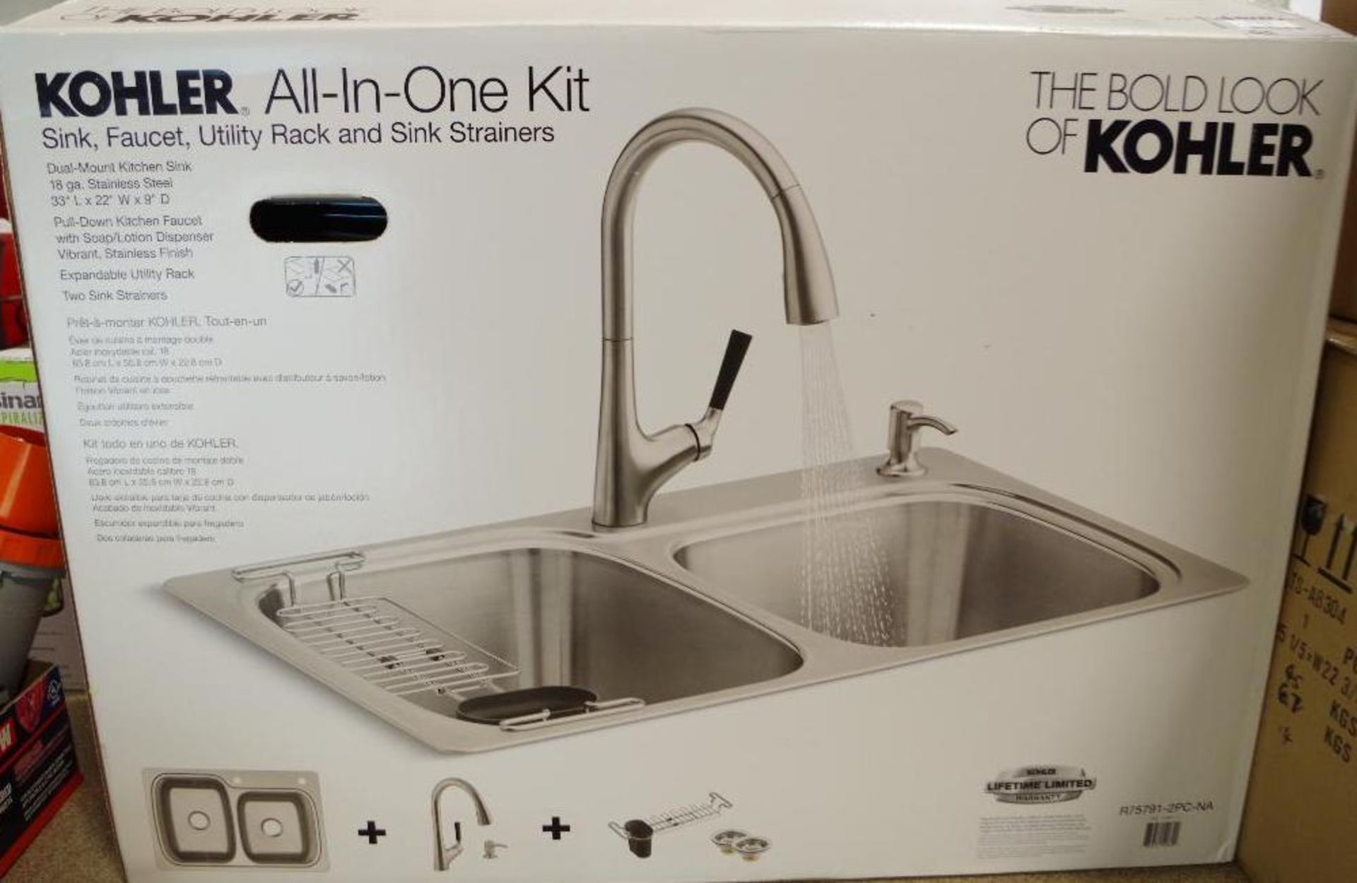 KOHLER All-In-One Kit, Stainless Steel Sink, Faucet, Utility Rack and Sink Strainers