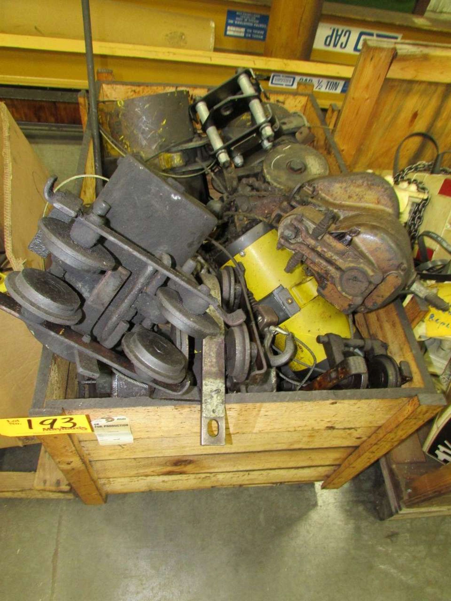 Crate of Assorted Hoists, Balancers, and Trollies