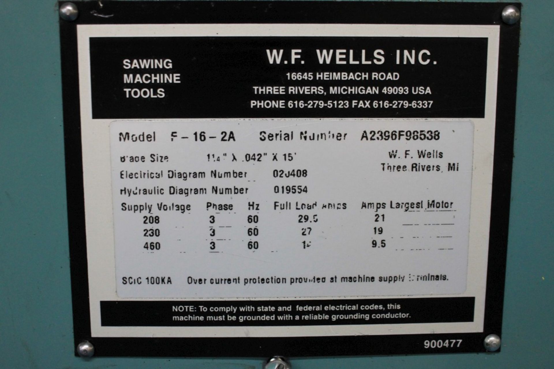 W.F. Wells 16'' x 20'' Twin-Post Horizontal Band Saw, Model F-16-2A, Blade Size: 1-1/4'' x .042'' - Image 6 of 6