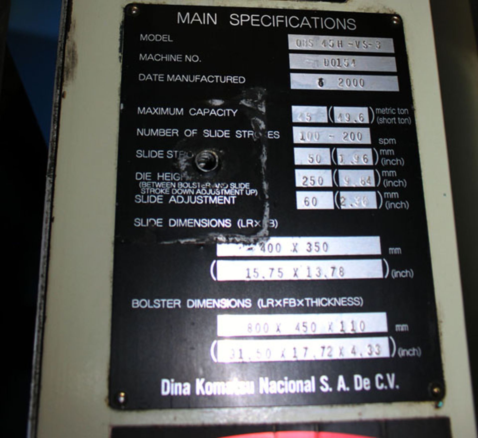 2000 45-Ton Komatsu OBS Gap Press, Mdl. OBS-45H-VS-3, S/N: D0154, Located in Huntington Park, CA - Image 10 of 10