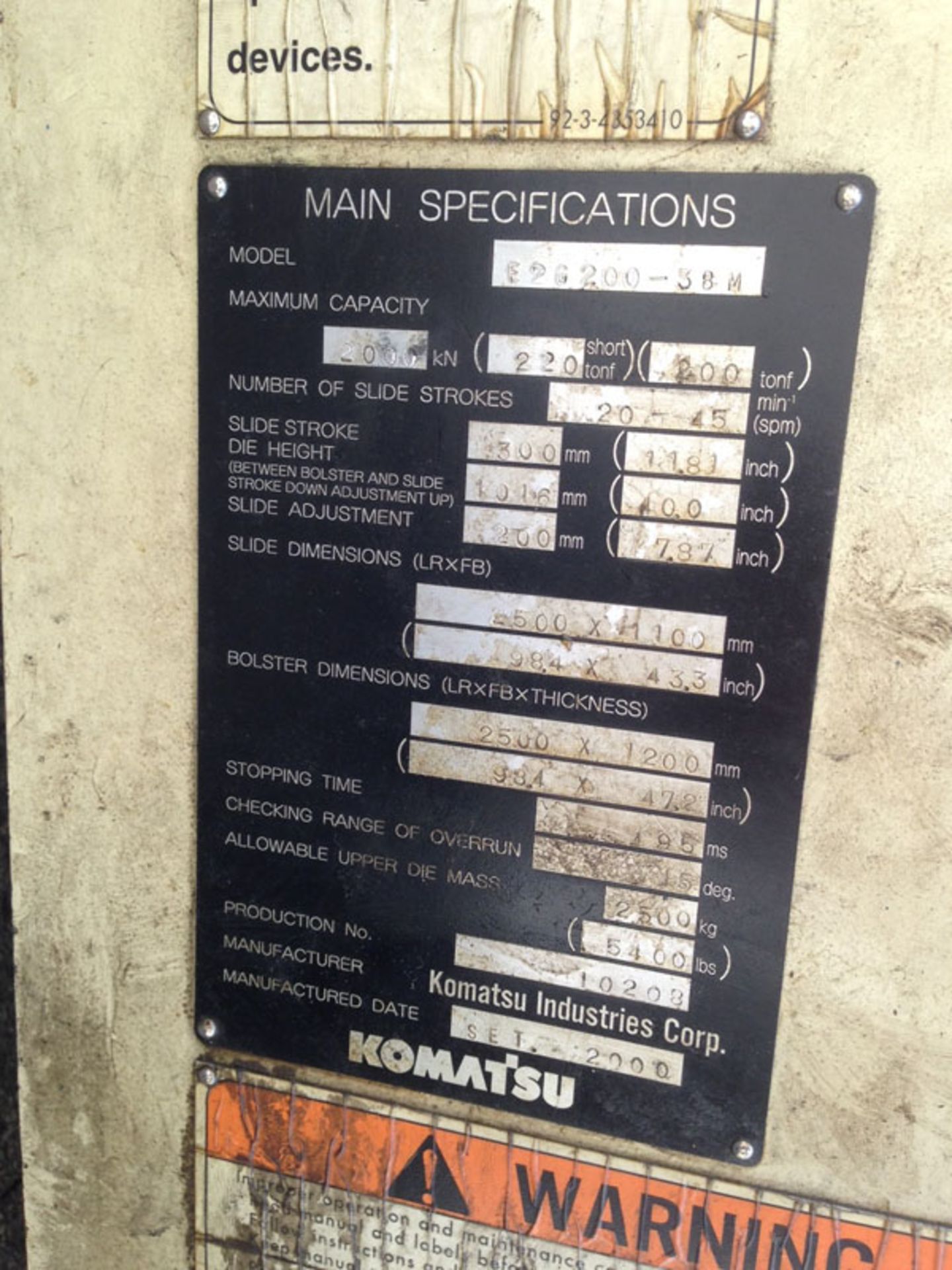 2000 220-Ton Komatsu Straight Side Double Crank Press, Mdl. E2G200-38 M, S/N: 10208, Located in - Image 11 of 11