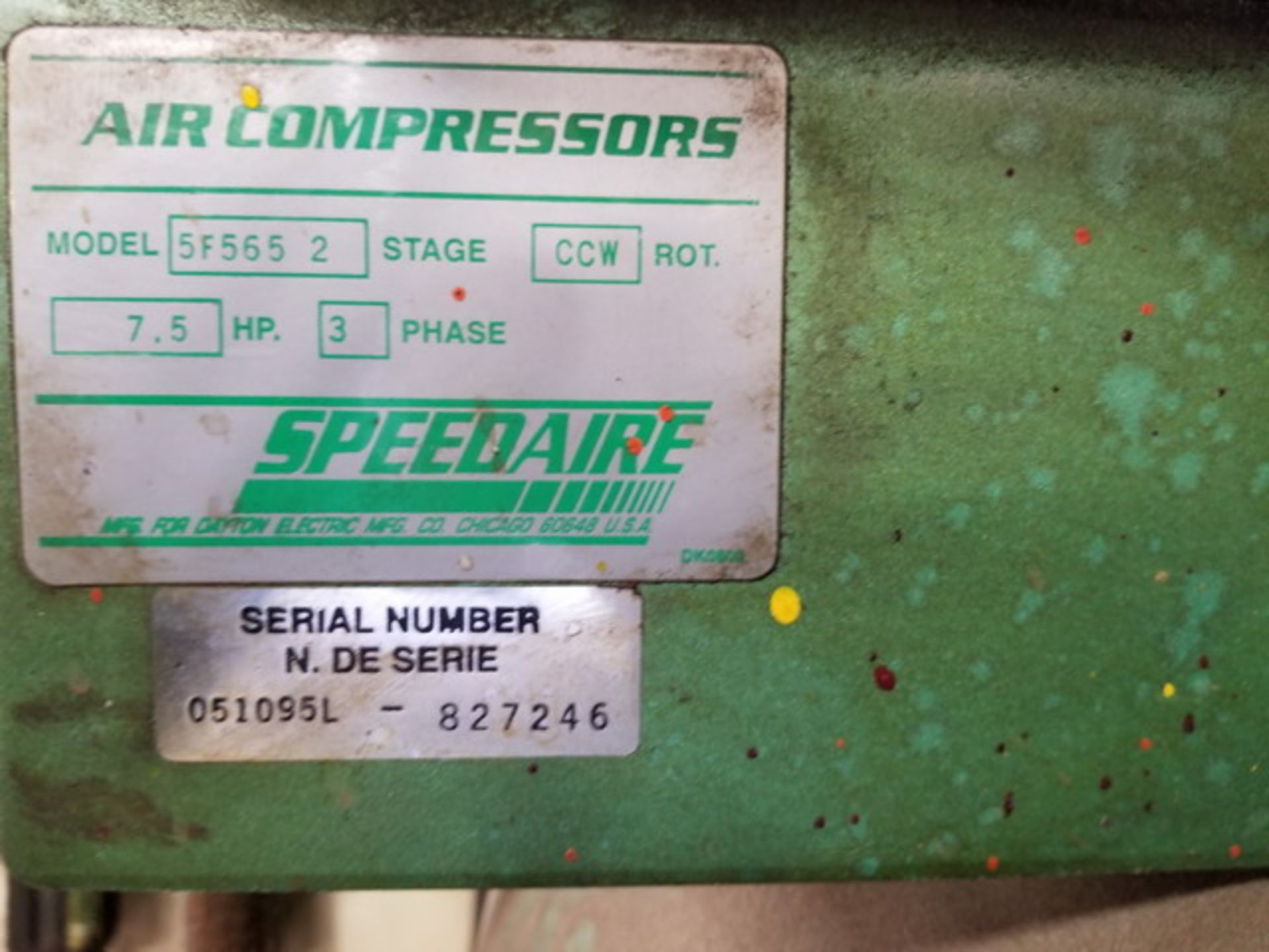 1995 Speedaire Model 5F5652 Air Compressor. S/N: 051095L-827246. MAWP: 200 PSI At 450F; 7.5HP; - Image 5 of 5