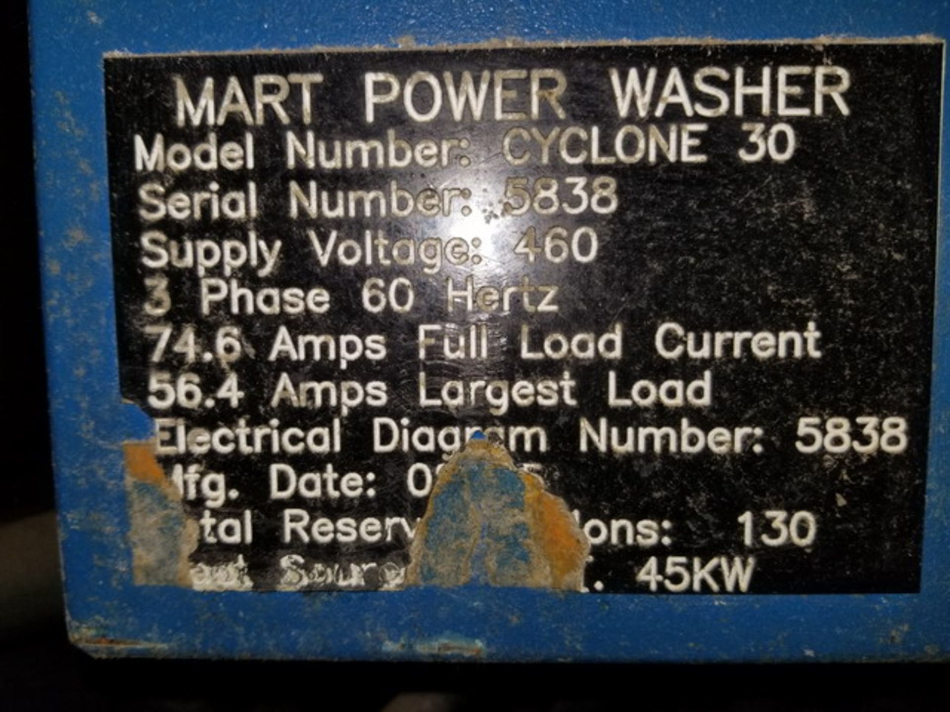 Mart Model Cyclone 30 Power Washer. S/N: 5838; 460V; 3PH; 60Hz. DIM: 60"X72"X72" - Image 7 of 7