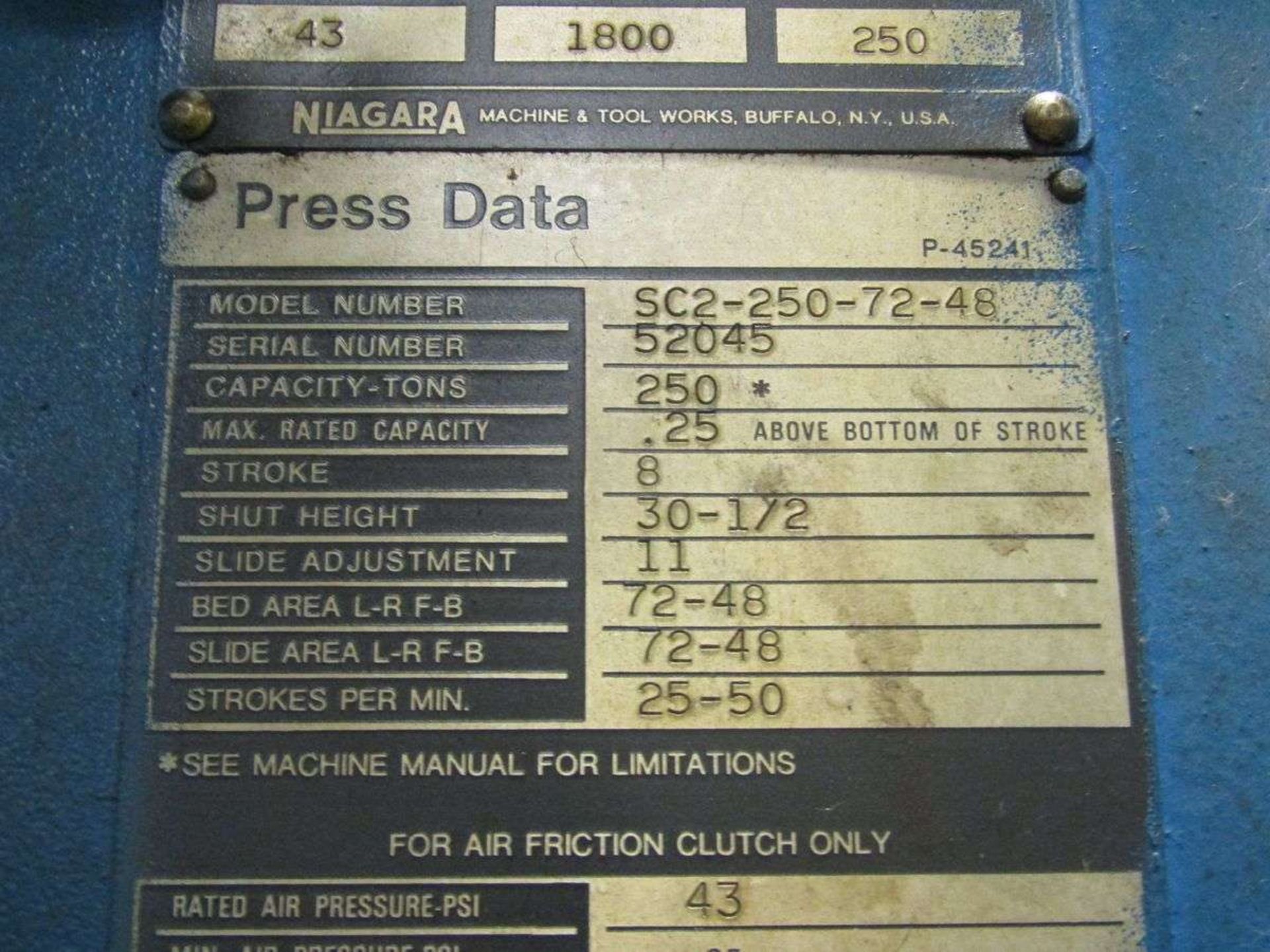 1983 Niagara SC2-250-72-48 250-Ton Straight Side Double Crank Press - Image 13 of 15
