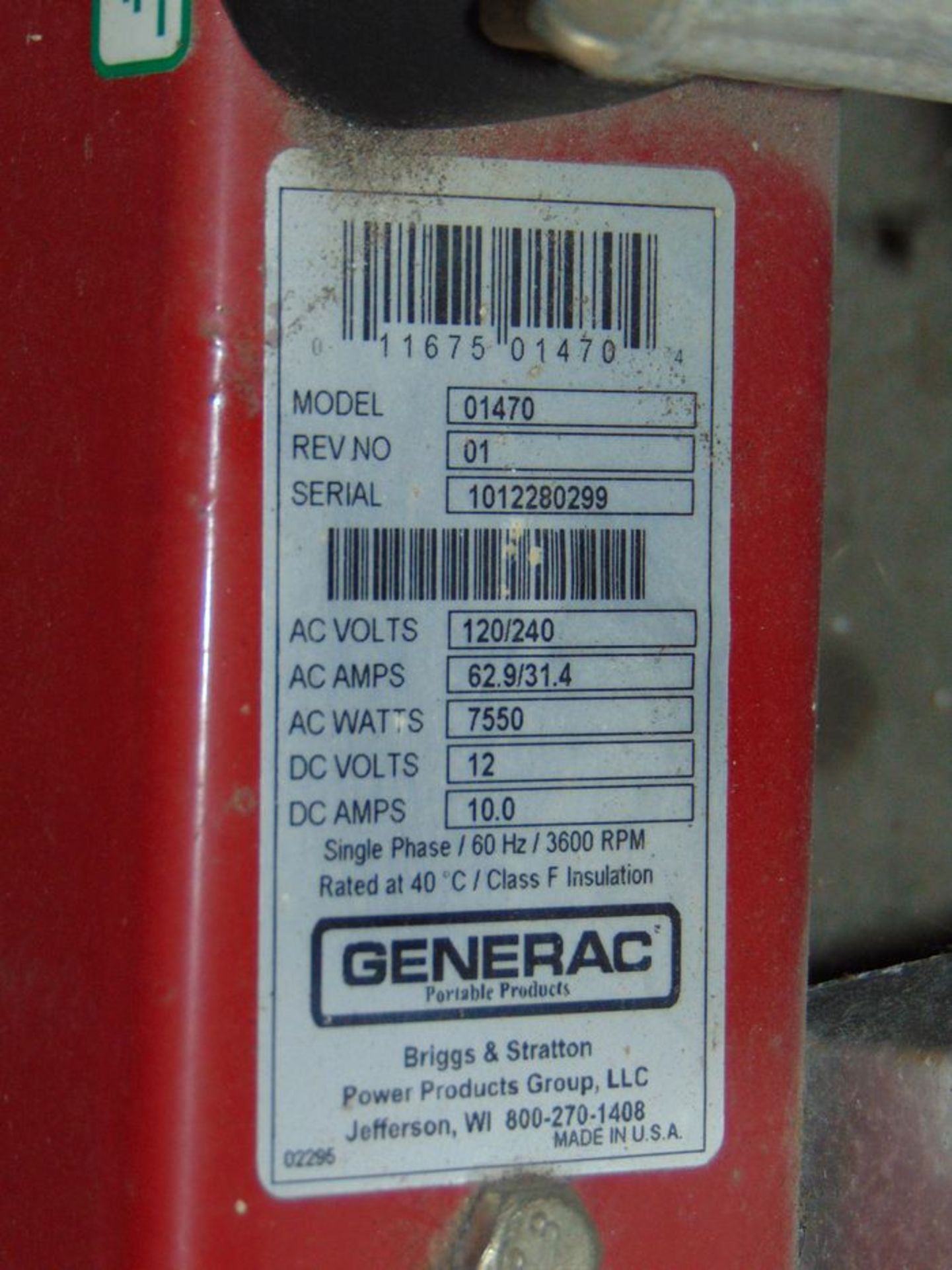 Generac Generator: AC V:120/240, 62.9/31.4a, 7550 wdc V 12, DC 10A, Ph1, 60hz, 3600 rpm , Mdl: 01470 - Image 2 of 4
