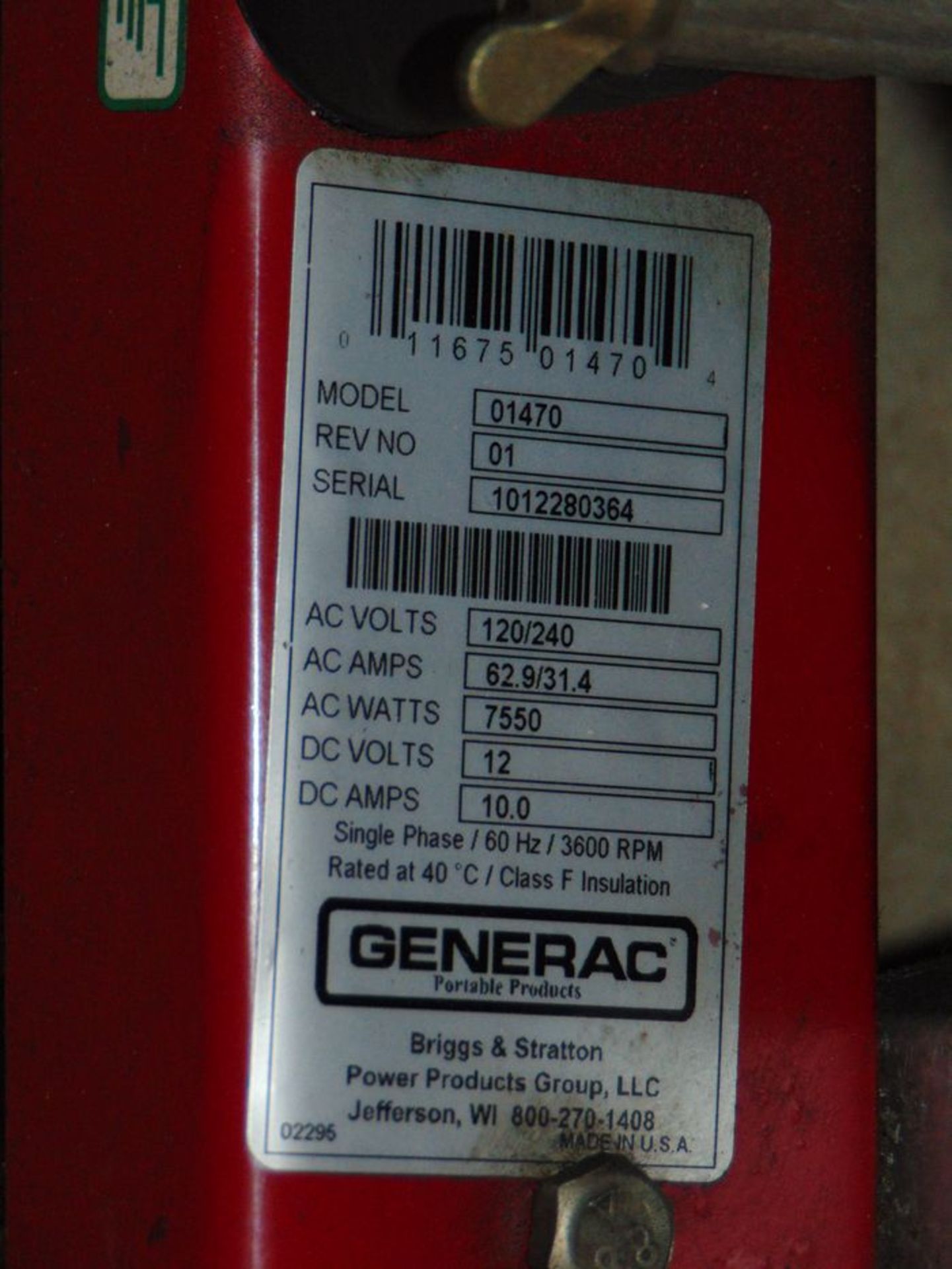 Generac Generator: AC V:120/240, 62.9/31.4a, 7550 wdc V 12, DC 10A, Ph1, 60hz, 3600 rpm , Mdl: 01470 - Image 2 of 4