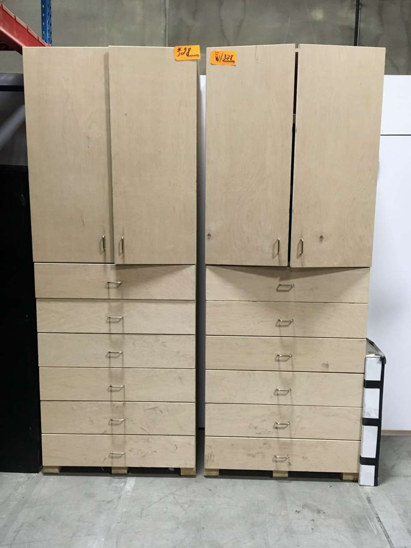 (2) Wooden Storage Cabinets w/ Contents