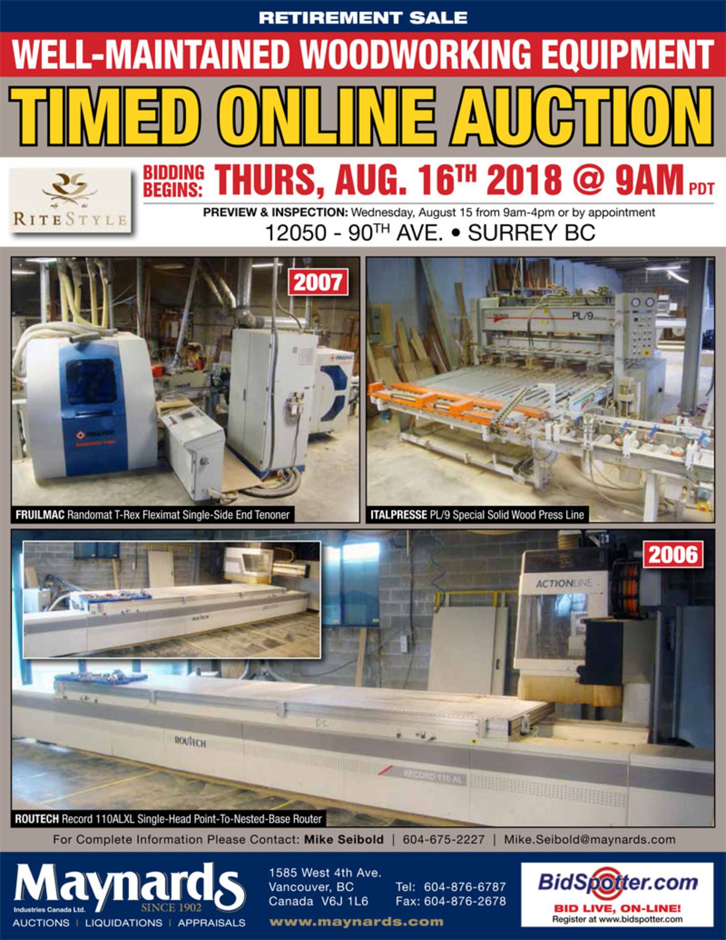 Upcoming Online Only Auction - 8/16 9am PDT - WOODWORKING EQUIPMENT AUCTION, INCLUDING (3)