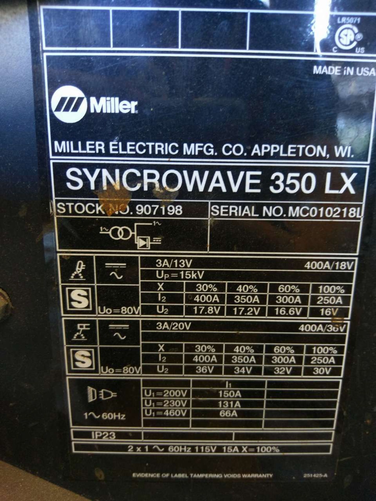 Miller Syncrowave 350LX CC AC/DC Square Wave Welding Power Source - Image 4 of 6