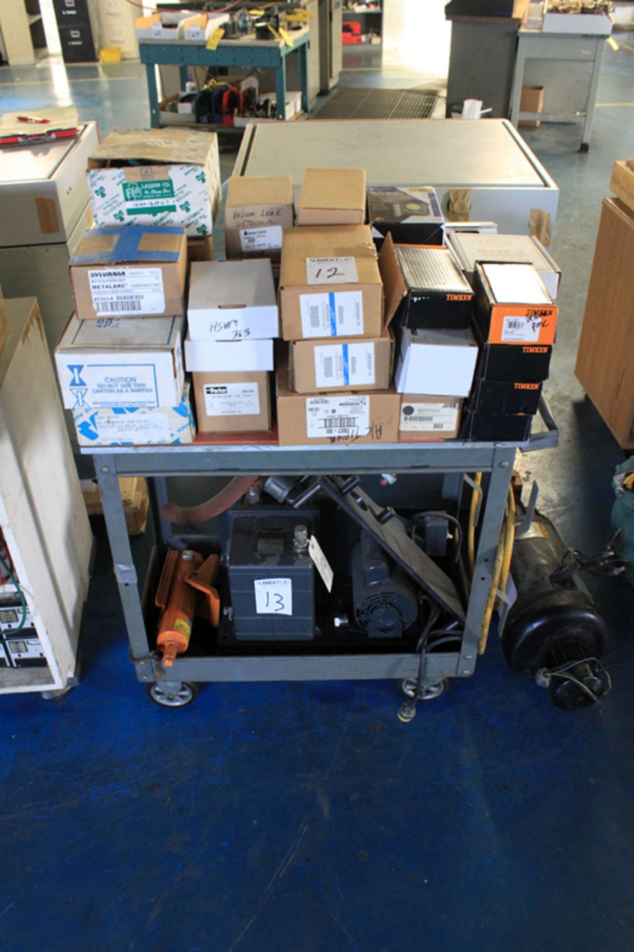 Shop Cart w/ Contents: (5) Timken YAS1 1/4SGT Ball Bearing Housed Units, (2) Mark II Manometers,