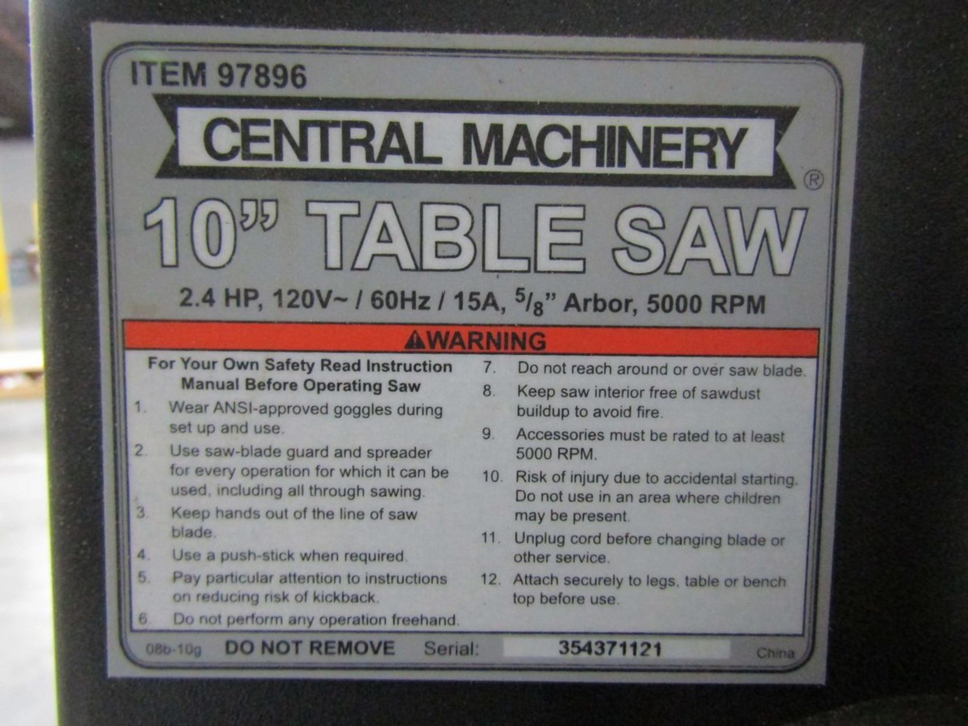 Central Machinery 97896 10" Table Saw - Image 3 of 3