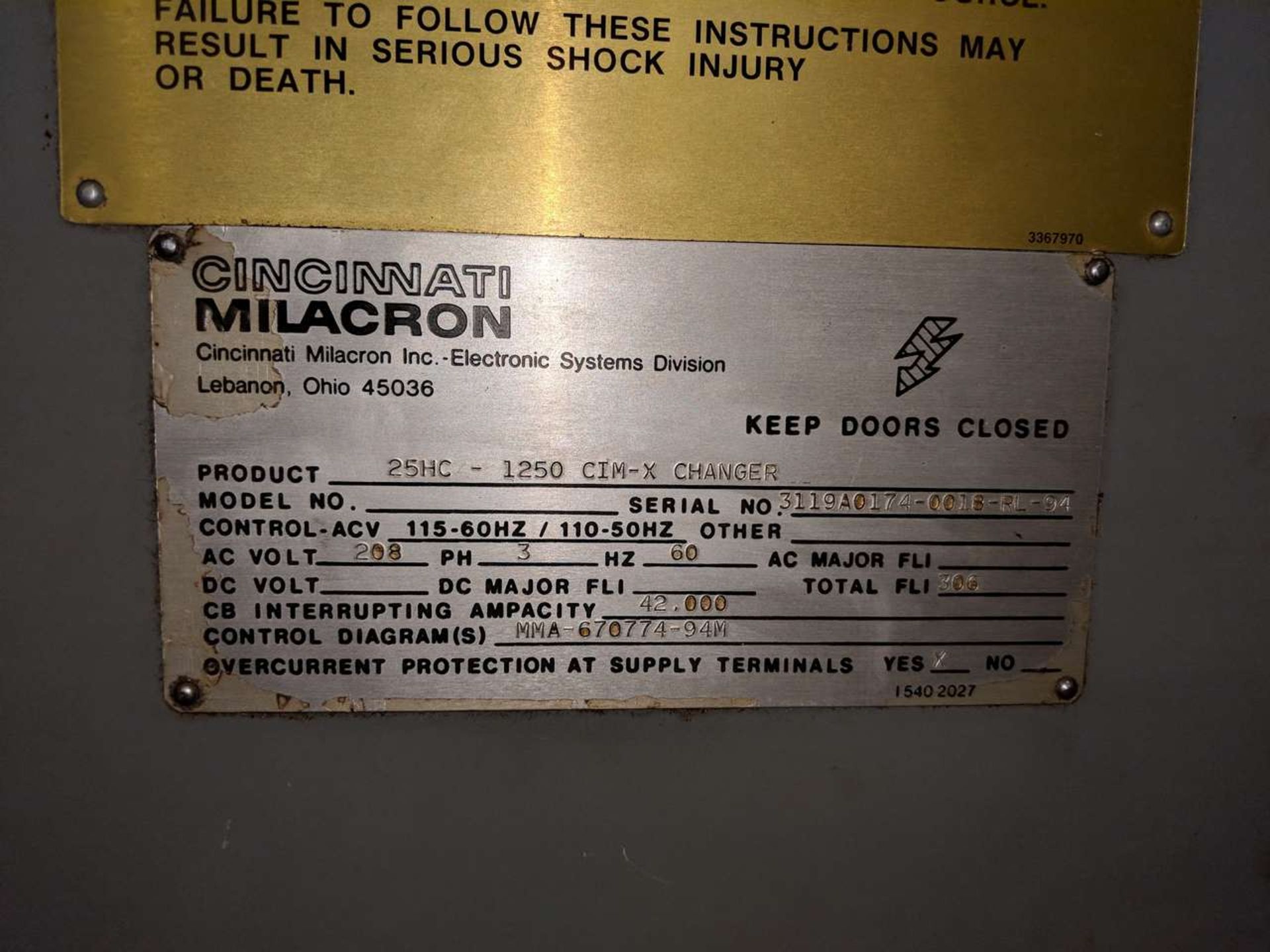 1994 CINCINNATI MILACRON 25HC-1250 CIM-X CHANGER HORIZONTAL MACHINING CENTRE - Image 8 of 8