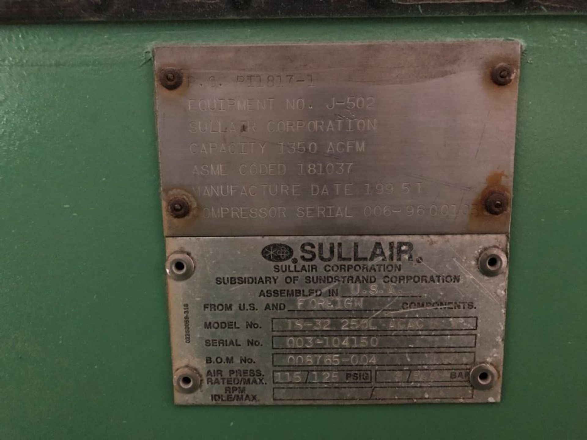 Sullair 250 HP Two-Stage Rotary Screw Air Compressor, Model TS-32 250L, 1350 ACFM, w/ External Fan - Image 5 of 6