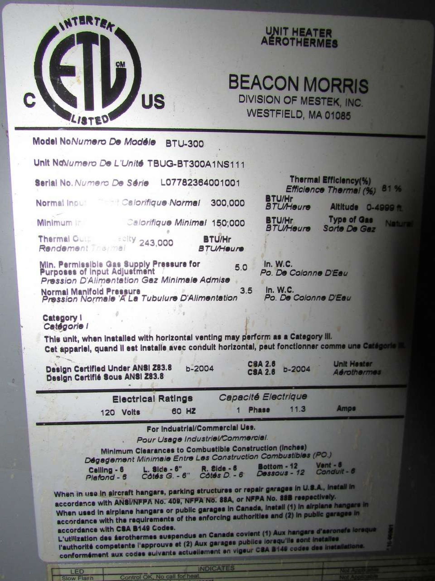 Beacon Morris BTU-300 Overhead Natural Gas Heating Unit - Image 6 of 6