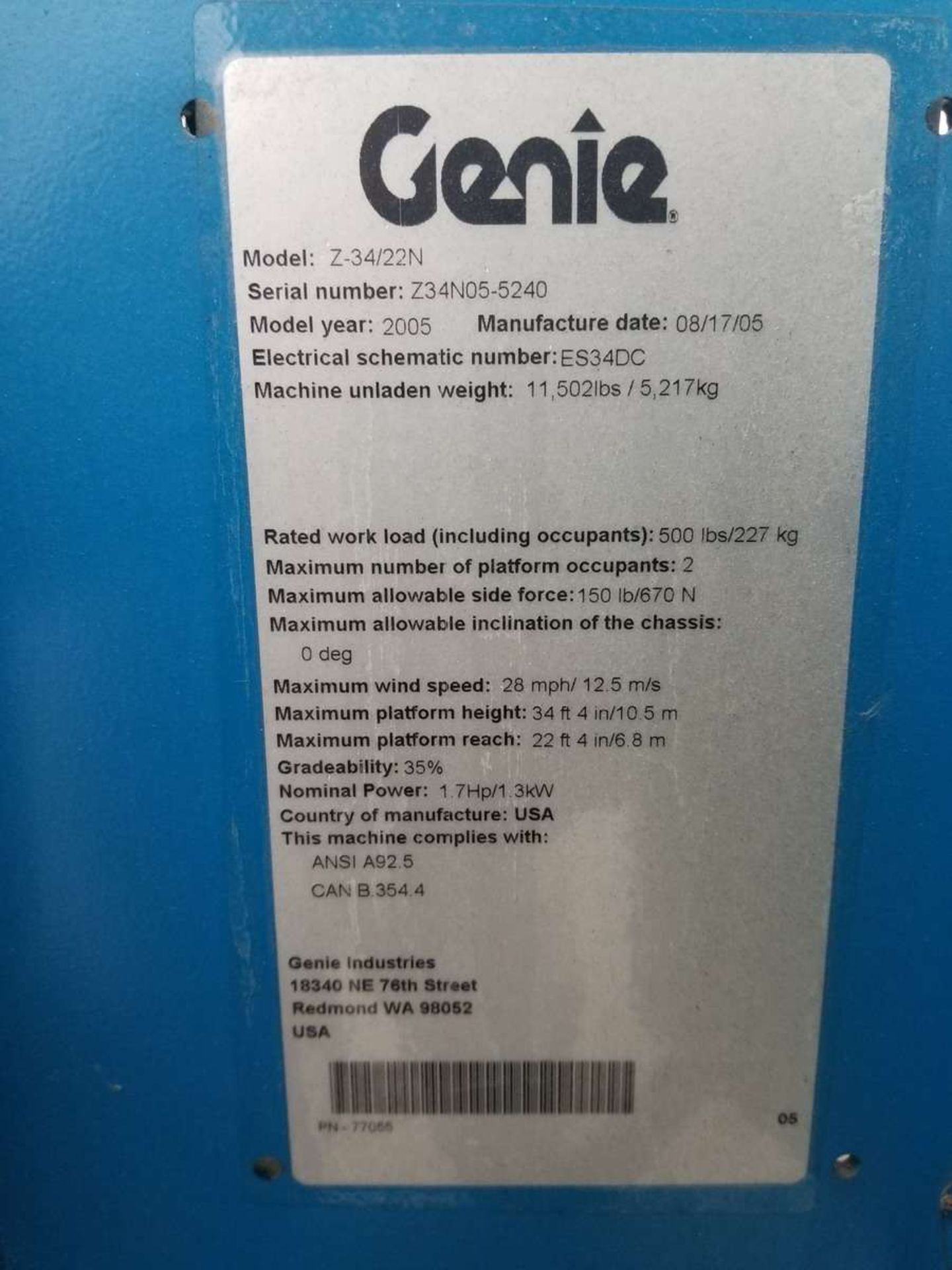 2002 Genie Z34-22N Boom Lift - Image 8 of 12