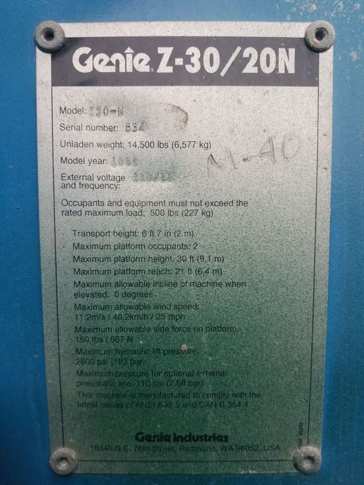 1996 Genie Z30-20N Boom Lift - Image 8 of 12