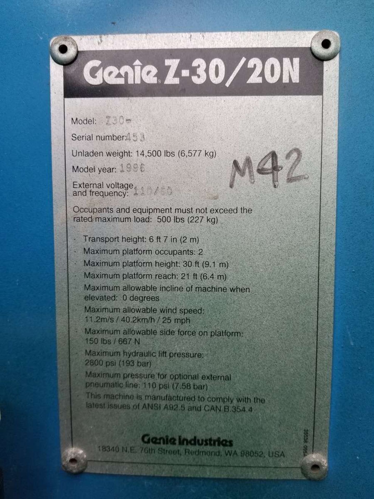 1996 Genie Z30-20N Boom Lift - Image 8 of 12