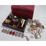 Leather clad jewellery box, containing a sovereign case, a silver medal, a seal, brooches, etc, (