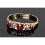 18 carat gold ruby and diamond ring, set with three rubies and two diamonds, ring size M