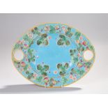 Victorian Majolica pottery dish, with a turquoise ground with berries, leaf and flower decoration,