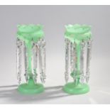 Pair of Victorian table lustures, in pale green with glass drops, 34cm high, (2)