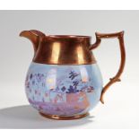 Circa 1820 lustre presentation jug, the lustre top above cottage and house scenes and the name