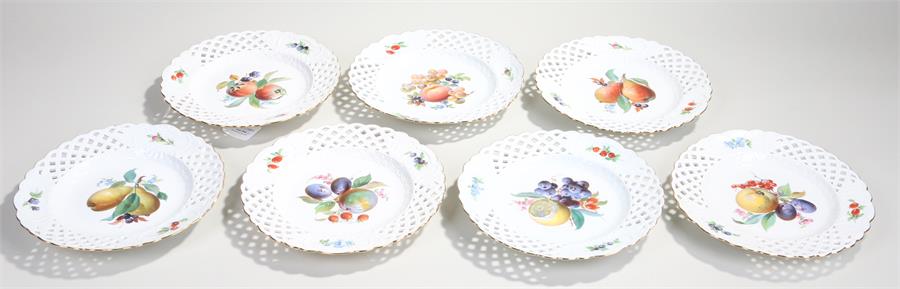 Set of seven Meissen porcelain fruit plates, Marcolini taste, each decorated with different