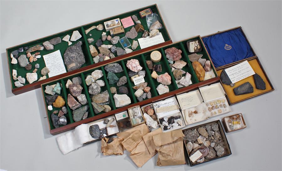 Quantity of minerals and fossils displayed in wooden trays and a box. trays 82cm x 25cm ( large