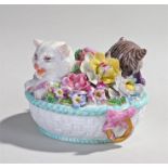 Meissen porcelain basket, with cats among flowers to the circular basket, 10cm wide