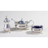 Silver three piece cruet set, Birmingham 1936, maker BB, to include a pepper, salt and mustard,