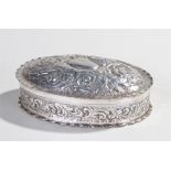 Victorian silver ring box, London 1888, makers mark rubbed, the oval box with flower design, 11cm