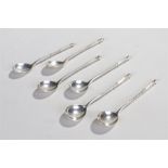 Set of six Russian silver spoons, the finial ends and twist shafts leading to the bowl with engraved