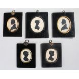 Collection of 19th Century silhouettes, three depicting a lady with a bonnet, two depicting