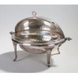 Silver plated ovoid breakfast warming dish with revolving top, maker HH&S, 35.5cm long