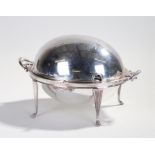 Silver plated food warmer, the dome hinged top swinging open to reveal an entrée dish above tapering