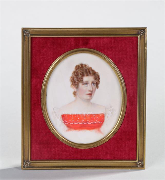 Early Victorian miniature portrait, of a lady in a lace trimmed dress, on ivory housed within a