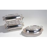 Silver plated entrée dishes, two of rectangular form, one oval, together with a stand, (4)