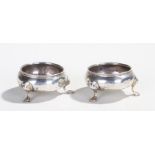 Pair George III silver salts, marks rubbed, the circular slats with cabriole legs, 3oz
