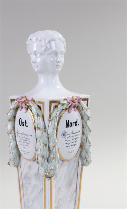 Meissen porcelain column, the column surmounted by a four portrait head above ribbon tied leaf - Image 2 of 2